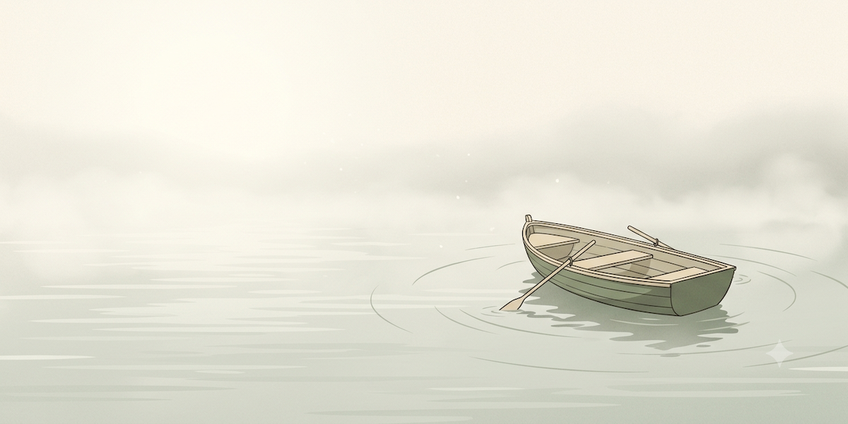 An empty wooden boat drifting on still, misty water